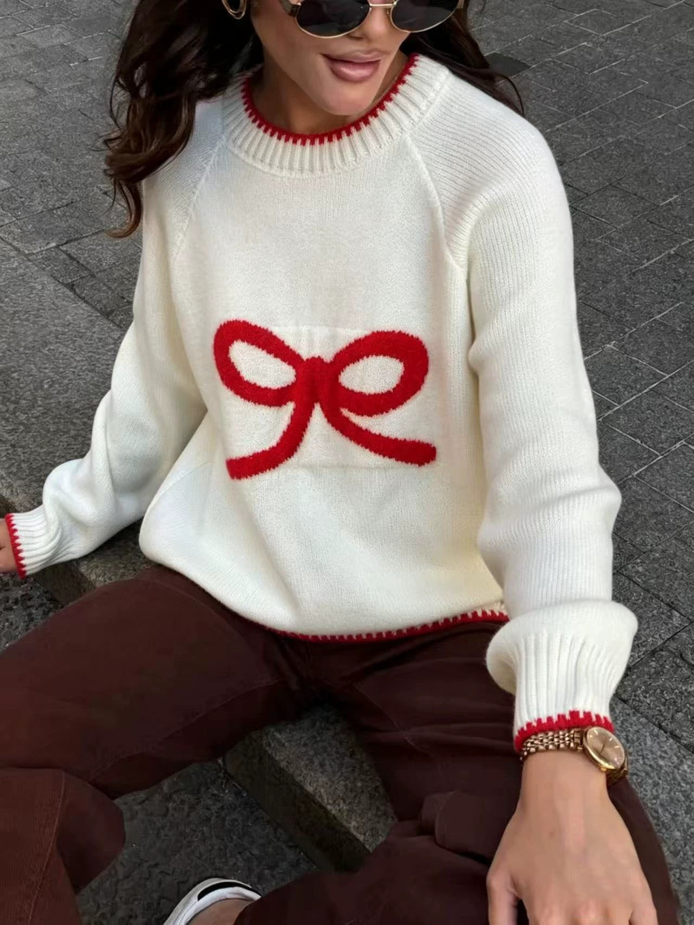 Zara Lazy Loose Knit Pullover Sweater Bow Contrast Red Trim Fall Winter